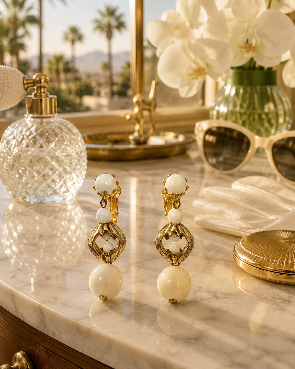 Vintage 1960s White Acrylic Bead Dangle Clip On Earrings Gold Tone Mod 2"